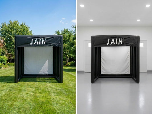 A split-screen image comparing the funjain inflatable golf simulator enclosure used outdoors on a backyard lawn and indoors in a spacious residential garage, highlighting its portable design.