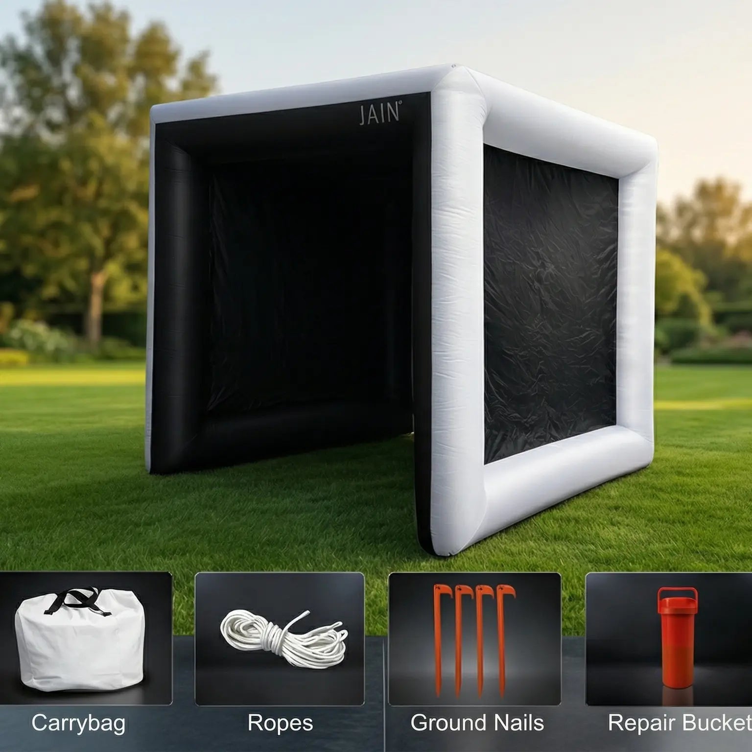 Side view of the Funjain inflatable golf tent showing the mesh sides and included accessories like carry bag, ropes, and ground stakes.