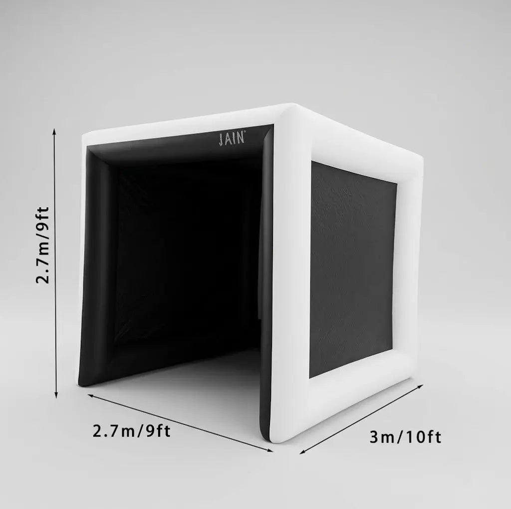 Funjain inflatable golf simulator tent dimensions showing 2.7m (9ft) height, 2.7m (9ft) width, and 3m (10ft) depth.
