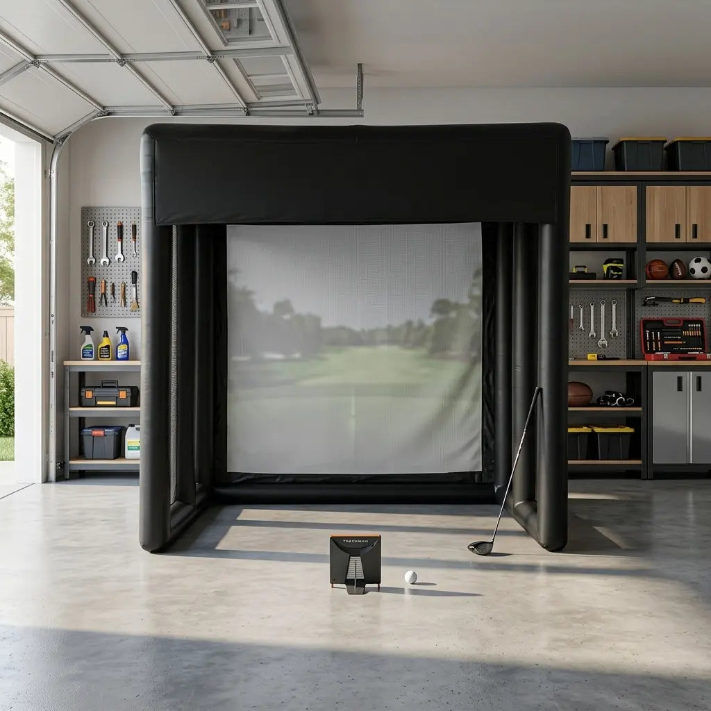 Golfsimulator-Einhausung in einer Garage aufgebaut